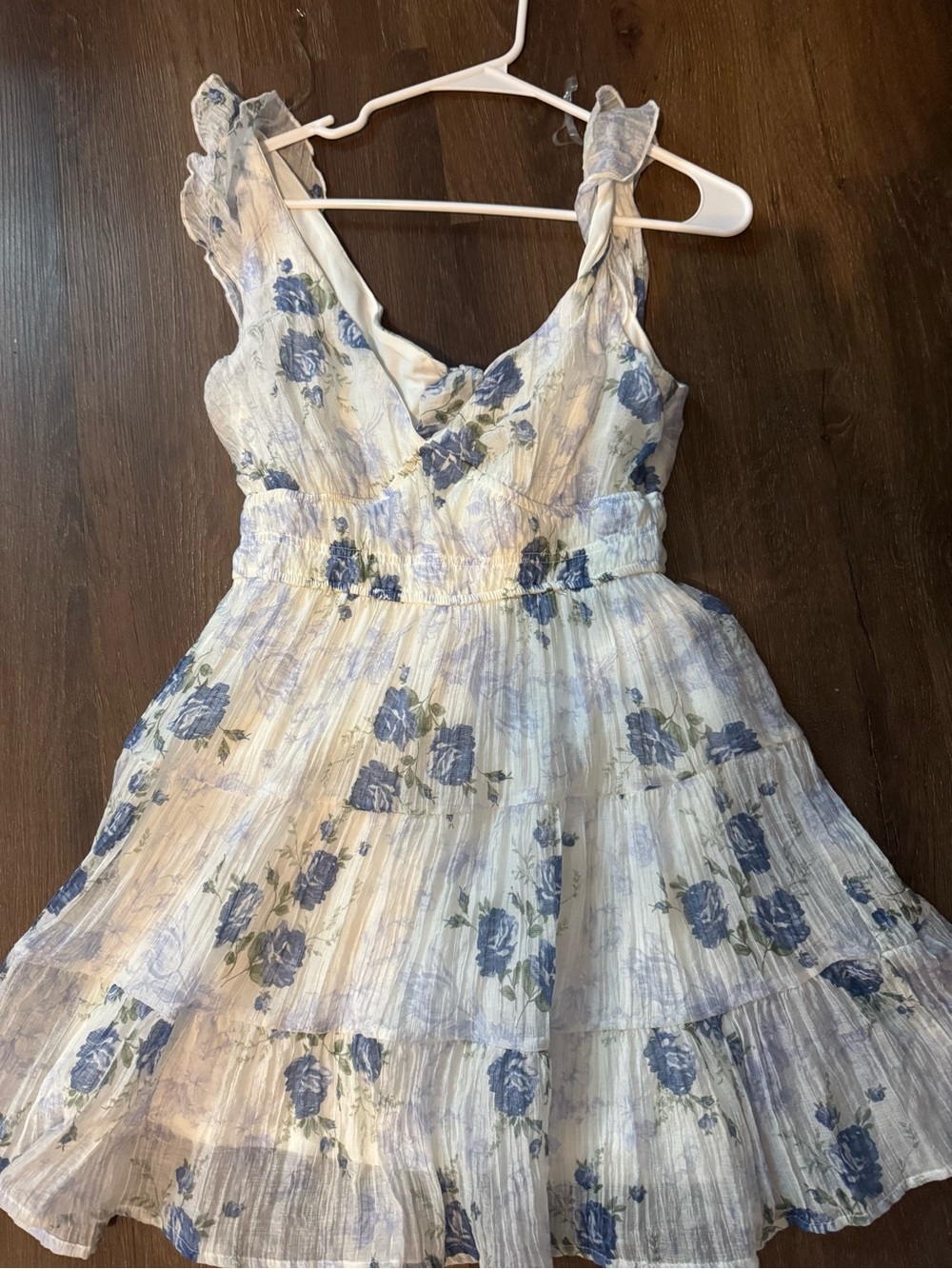 Buckle Blue Floral Ruffle-Strap Mini Dress